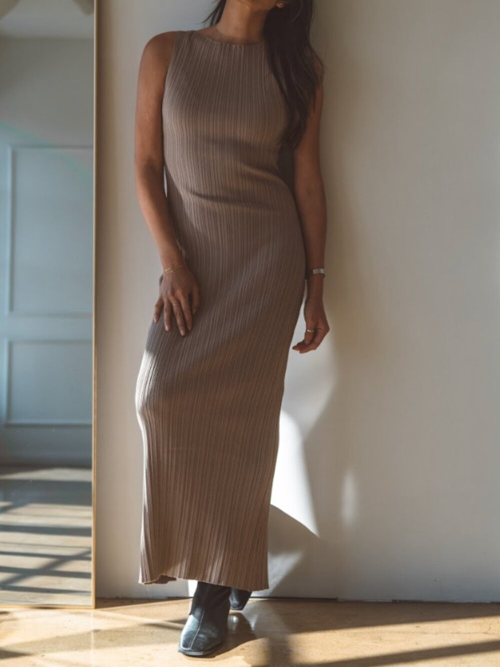 DISSH Sleeveless Ribbed Maxi Dress in Taupe
